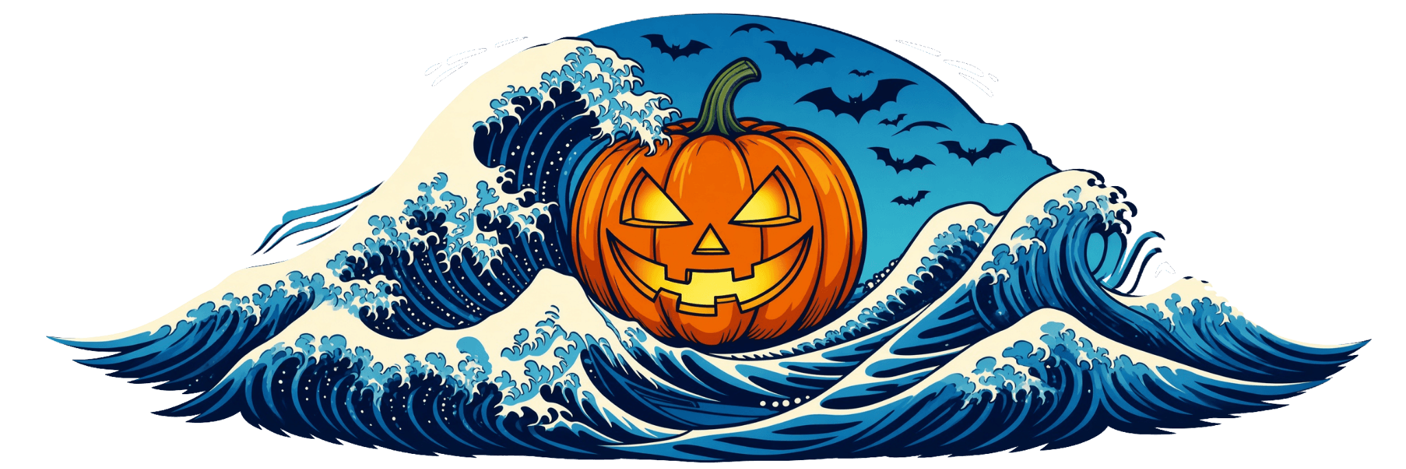 Glowing jack-o-lantern rising from teal ocean waves under a dark sky with bats